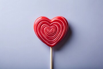 A single red heart shaped lollipop on a light purple background with a soft shadow