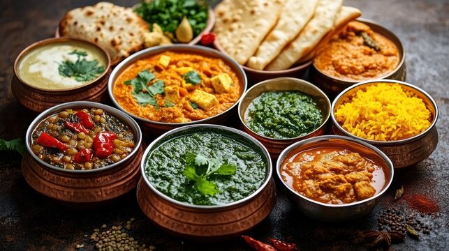 Assorted Indian curries & naan in copper & metal bowls
