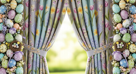 Easter window with decorated eggs, floral curtains, and spring blossoms, ideal for holiday decor