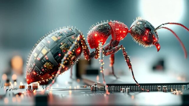 A robotic ant with circuit board details stands on an electronic circuit board in a macro shot