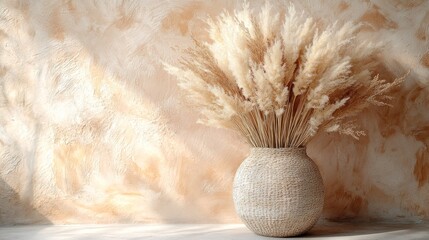 Beige vase with pampas grass, sunlit wall