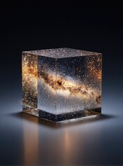 A clear, cubic crystal, seemingly containing the Milky Way galaxy