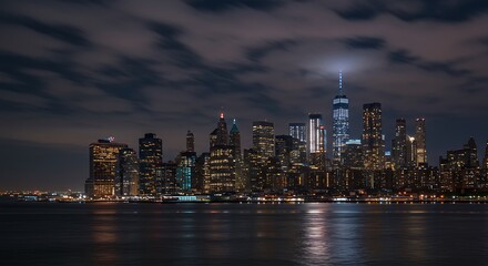 Naklejka premium Ethereal winter scene of a quiet, snow-covered city street with glowing lights and a lone figure walking through a gentle blizzard.