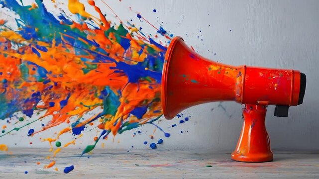 Vibrant Paint Explosion from a Red Megaphone: Creative Communication Concept