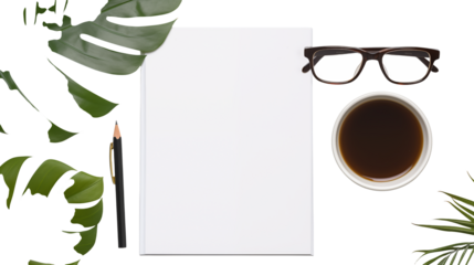 Professional desk setup with blank paper, pencil, coffee, glasses, and tropical leaves for creative work
