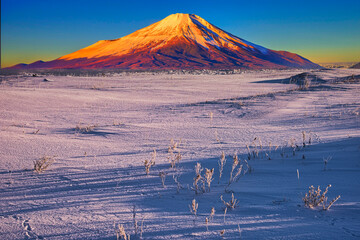朝の雪原と富士山合成