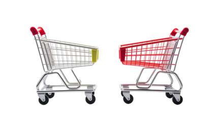 Two shopping carts, one red and one with a green accent, face each other in a studio setting.