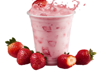 Closeup of pink milky splash and ripe fresh red strawberries isolated on white background. Pink liquid in motion, milky strawberry shake. Generative AI 3d render illustration imitation.