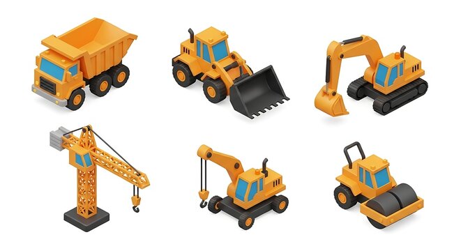 Isometric construction machinery vehicles collection dump truck excavator crane bulldozer road