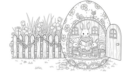 Adorable bunny family enjoys cozy story time inside a whimsical Easter egg home surrounded by blooming flowers and a picket fence.