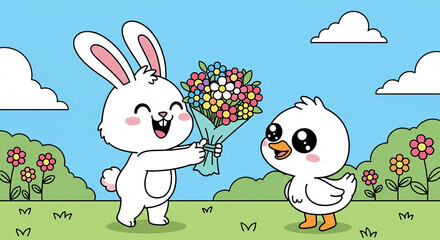 Joyful bunny presents vibrant flower bouquet to adorable duckling in sunny meadow setting