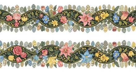 Elegant Easter floral border with decorative eggs and lush greenery, perfect for spring celebrations.