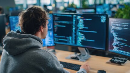 Overtheshoulder perspective of a coder writing Solidity smart contract code with blockchain network nodes running on a desktop showcasing a techfocused office setup.
