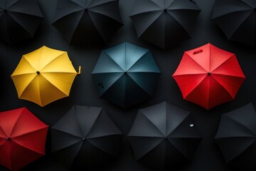 Group of black umbrellas from top view with random placement of three colored ones