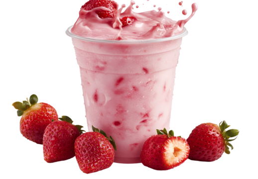 strawberry, fruit, color image, freshness, food, splashing, liquid, no people, photography, studio shot, drink, leaf, milk, red, white background, close-up, horizontal, cut out, motion, drop, vertical