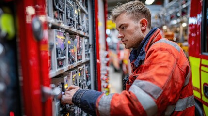 Wideangle view of a firefighter ensuring all emergency response equipment on the fire engine is secure and operational inside the station.