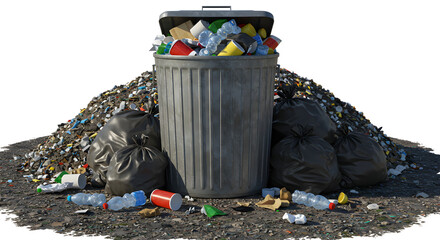 Overflowing Trash Can at Dump Yard Isolated on White
