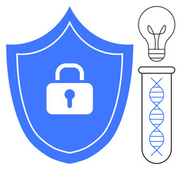 Blue shield with lock, DNA strand in test tube, and lightbulb representing security, innovation, genetic research, data protection, technology, intellectual property and safety. Flat simple