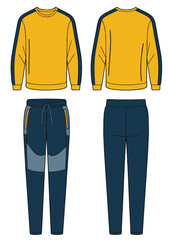 Men's activewear tracksuit set, featuring yellow crew neck sweatshirt and navy joggers with contrast panels, versatile sportswear template for athletic and casual fashion.