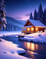 Snowy cabin by a river at night (9)