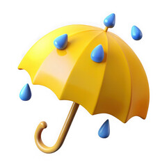 Yellow umbrella with blue raindrops isolated on transparent background