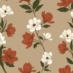 Elegant floral illustration showcasing a repeating pattern of stylized magnolia blossoms and leaves.