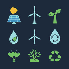 Colorful icons representing renewable energy sources and environmental sustainability concepts.