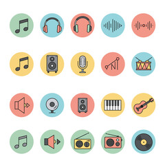 Colorful icons representing various musical instruments and audio equipment, arranged in a grid.