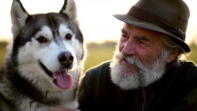 Serene Bonding Aged Man with Weathered Face and Alaskan Malamute Dog a Tender Portrait Under Natural Lighting in a Outdoor Setting Featuring Green Sweater and Traditional Hat Close-up
