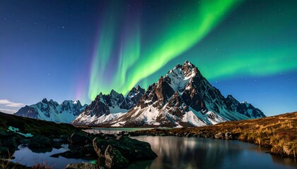 Majestic Northern Lights over Snow-Capped Mountains and Reflective Lake. Vibrant Aurora Borealis illuminates a tranquil Arctic landscape at night under a starry sky.