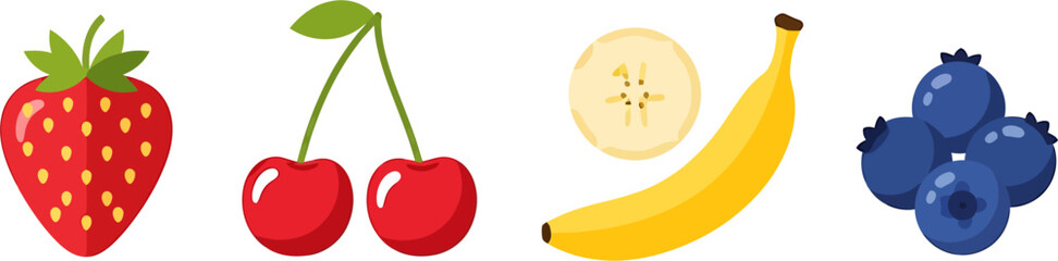 Vector illustration set of fresh fruits including strawberry, cherry, banana, and blueberry isolated on white.