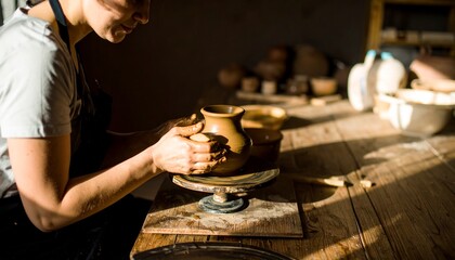 A potter shapes a clay vessel on a spinning wheel, hands molding the clay, in a workshop with natural light.