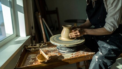Close-up of a potter shaping clay on a spinning wheel, bathed in natural light from a nearby window in a workshop.