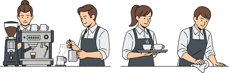 Collection of barista characters at work in a coffee shop. Vector illustration set showing coffee making process.