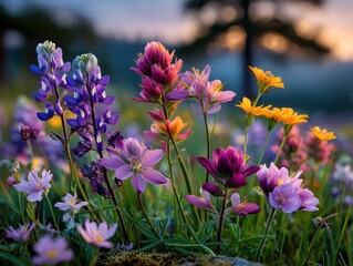 Vibrant wildflowers at dawn