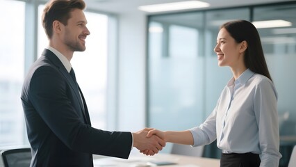 Two professionals shaking hands in a modern office setting, smiling and engaging in a friendly interaction.