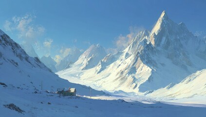 Snowy mountain range panorama with small cabin