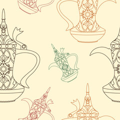 Editable Outline Patterned Arabian Dallah Coffee Pots Vector Illustration Seamless Pattern for Creating Background of Middle Eastern Culture Tradition Cafe and Islamic Moments Related Design