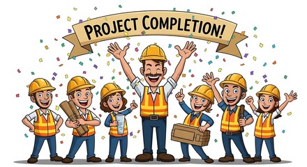 Celebrating Project Completion: Cartoon Construction Workers Achieving Goals
