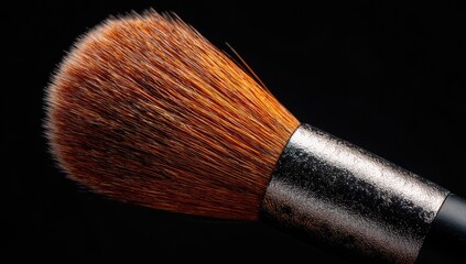 Fototapeta premium Close-up of a makeup brush head, featuring a dense cluster of reddish-brown bristles, tightly packed against a dark gray metal ferrule.