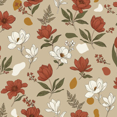 A repeating floral pattern featuring red and white blossoms with green leaves and brown accents.