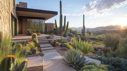 Obraz premium Modern desert home patio with cacti and mountain view at sunset