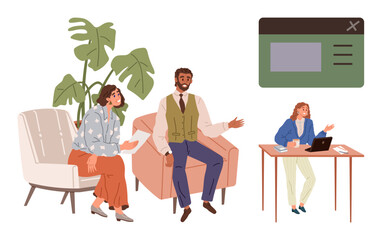 Professional team conversing in a cozy workspace with plants, while a woman works at a desk interface element symbolizes digital collaboration. Ideal for teamwork, remote work, productivity