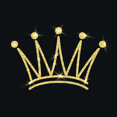 Vector Yellow Golden Glitter Crown Icon on Black Background. Queen Crown. Princess Glowing Crown, Royal Luxury Logo Design Element. Gold Sparkle Crown Clipart for Invitation, Greeting Card