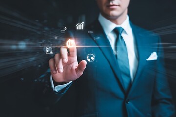 Man in dark suit touching glowing digital interface with financial icons business finance