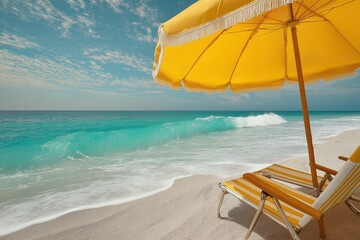 Obraz premium Relaxing beach day with vibrant turquoise wave under sunny sky, perfect vacation getaway