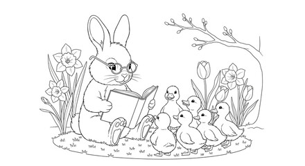 Charming bunny reading to adorable ducklings amidst spring flowers, a heartwarming scene for storybooks.