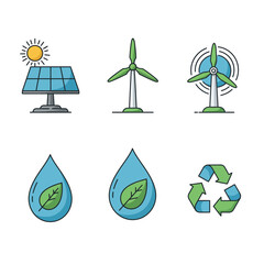 Obraz premium Vector illustration showcasing various sustainable energy sources and environmental conservation symbols.