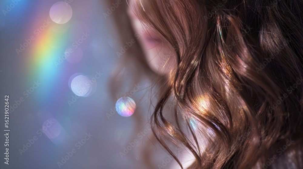 Poster glossy hair reflecting rainbow light with soft bokeh, creating an ethereal atmosphere perfect for ad