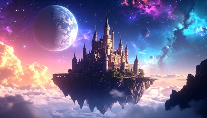 Naklejka premium Majestic Floating Castle on Sky Island in a Vibrant Cosmic Landscape with Nebulae and Planets